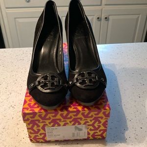 Womens Tory Burch platform black suede heels.